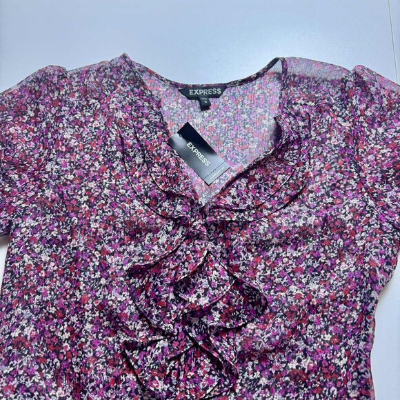 Express Sheer Floral Ruffle Blouse Top NWT Size Small - Picture 3 of 9